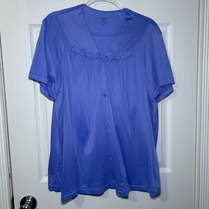 Exquisite Form Robe Women's 1X Blue Nylon Satin Short Sleeve Button Front Lounge